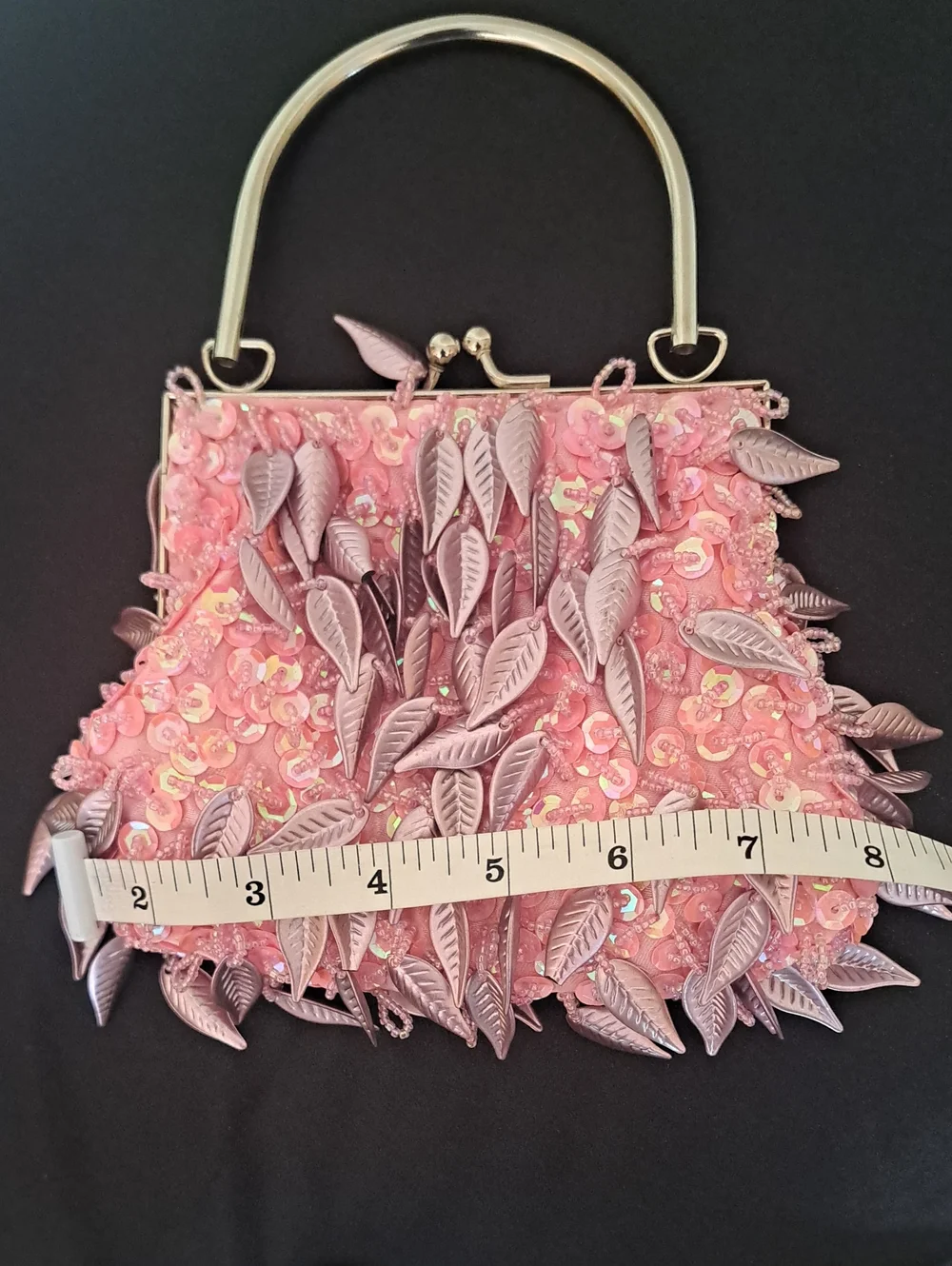 Pink Leaf Sequin Evening Clutch with Top Handle